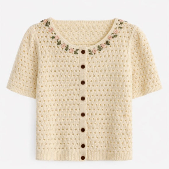 Heartloom Sweaters - Heartloom Cream Crochet Knit Cardigan Top | Floral Detail | Size S